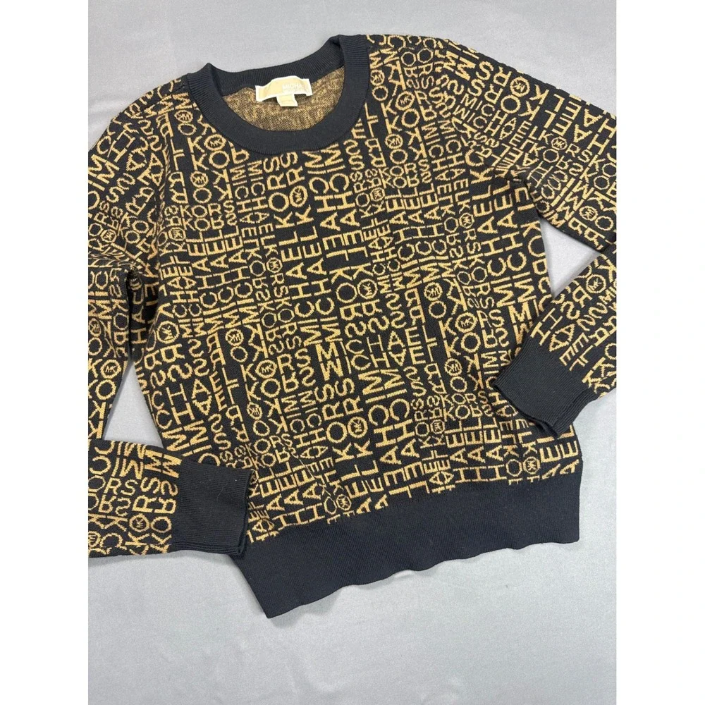 Michael Kors Womens Black Gold Logo Monogram Knit Crewneck Sweater Medium